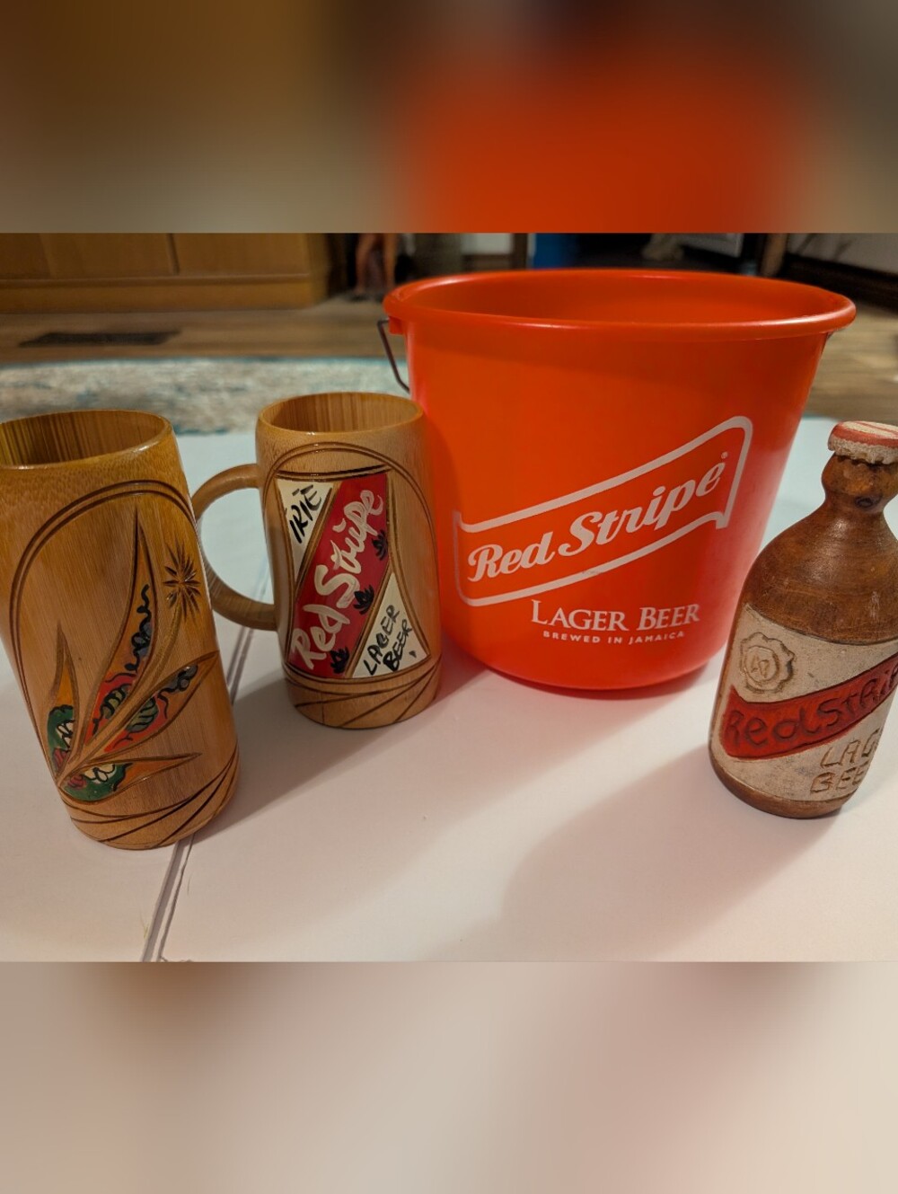 Red Stripe Bucket And Handmade Memorabilia